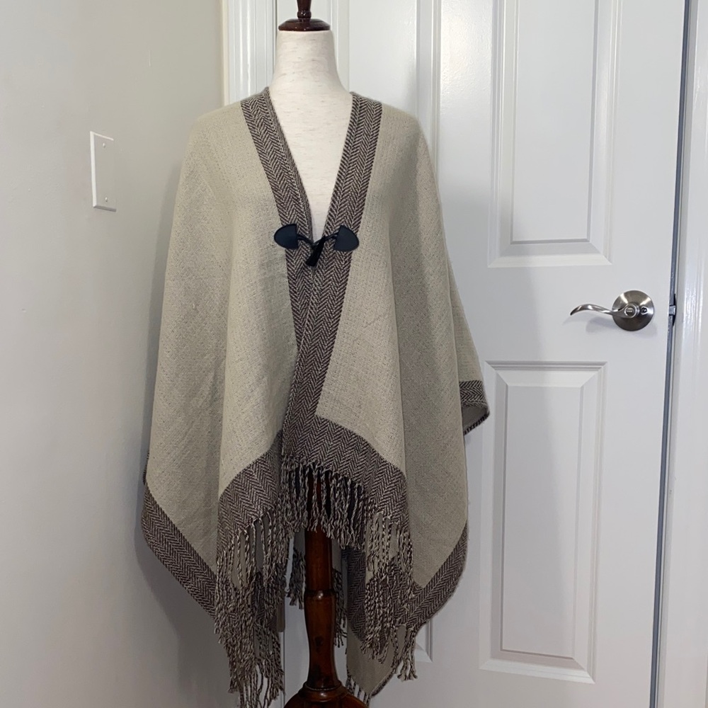 Cream and Brown Poncho with Fringe